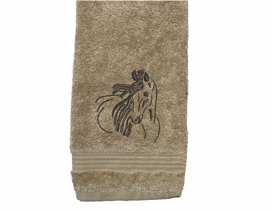 Beige hand towel, horse art design is the perfect design for the western living family, that farmhouse decor. This Luxury western theme towel set of 3 towels 1 bath towel 27" x 50", 1 hand towel 16" x27", 1 wash cloth 13" x 13". You can personalize the towel set with a name on the bath towel and an initial on the wash cloth or just the designs.- Borgmanns Creations