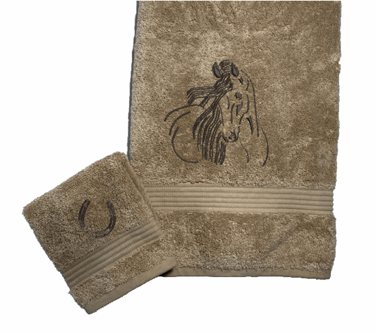 Beige bath towel and washcloth, horse art design is the perfect design for the western living family, that farmhouse decor. This Luxury western theme towel set of 3 towels 1 bath towel 27" x 50", 1 hand towel 16" x27", 1 wash cloth 13" x 13". You can personalize the towel set with a name on the bath towel and an initial on the wash cloth or just the designs.- Borgmanns Creations