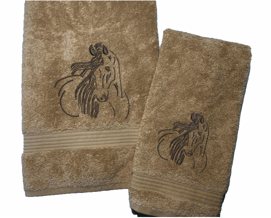 Beige bath towel and hand towel, horse art design is the perfect design for the western living family, that farmhouse decor. This Luxury western theme towel set of 3 towels 1 bath towel 27" x 50", 1 hand towel 16" x27", 1 wash cloth 13" x 13". You can personalize the towel set with a name on the bath towel and an initial on the wash cloth or just the designs.- Borgmanns Creations