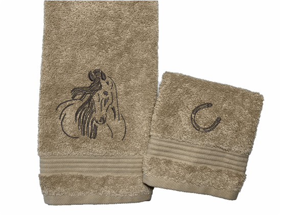 Beige hand towel and washcloth, horse art design is the perfect design for the western living family, that farmhouse decor. This Luxury western theme towel set of 3 towels 1 bath towel 27" x 50", 1 hand towel 16" x27", 1 wash cloth 13" x 13". You can personalize the towel set with a name on the bath towel and an initial on the wash cloth or just the designs.- Borgmanns Creations