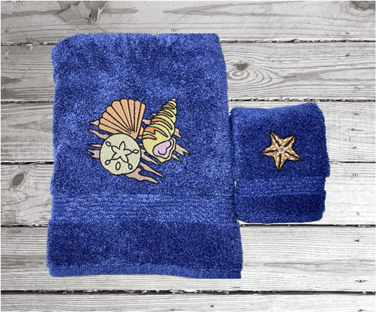 Bue High Quality Luxury Turkish bath towel and washcloth, durable soft and absorbent, finished edges with a decorative band. Set has 1 bath towel 27" x 50", 1 hand towel 16" x 27", 1 washcloth 13" x 13". Embroidered with custom sea shells design. You can personalize the towel set with a name and an initial on the washcloth or just the designs. These luxury towels will make a wonderful wedding gift, housewarming gift, or for your own bathroom decor. Borgmanns Creations