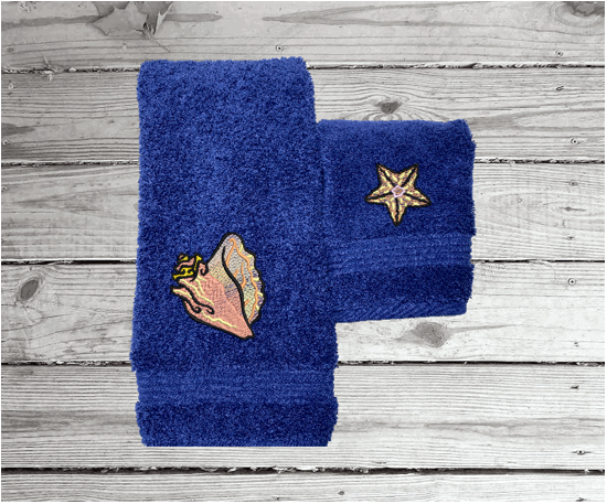 Bue High Quality Luxury Turkish hand towel and washcloth, durable soft and absorbent, finished edges with a decorative band. Set has 1 bath towel 27" x 50", 1 hand towel 16" x 27", 1 washcloth 13" x 13". Embroidered with custom sea shells design. You can personalize the towel set with a name and an initial on the washcloth or just the designs. These luxury towels will make a wonderful wedding gift, housewarming gift, or for your own bathroom decor. Borgmanns Creations