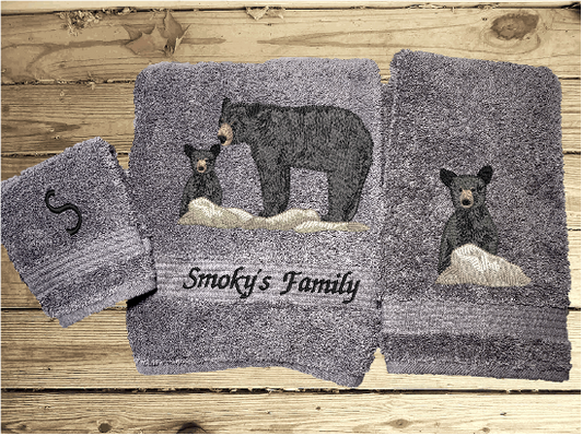 Gray bath towel set or individual towels, embroidered bear design the perfect design for the outdoor living family. This Luxury theme towel set of 3 towels 1 bath towel 27" x 55", 1 hand towel 16" x 27", 1 wash cloth 13" x 13". You can personalize the towel set with a name and name on the washcloth or just designs. Borgmanns Creations 1