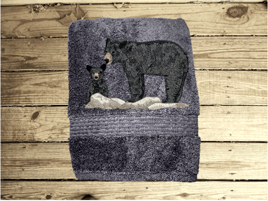 Gray bath towel , embroidered bear design the perfect design for the outdoor living family. This Luxury bath towel  of 3 towels 1 bath towel 27" x 55", 1 hand towel 16" x 27", 1 wash cloth 13" x 13". You can personalize the towel set with a name and name on the washcloth or just designs. Borgmanns Creations