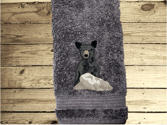 Gray hand towel, embroidered bear design the perfect design for the outdoor living family. This Luxury theme towel set of 3 towels 1 bath towel 27" x 50", 1 hand towel 16" x 27", 1 wash cloth 13" x 13". You can personalize the towel set with a name and name on the washcloth or just designs. Borgmanns Creations