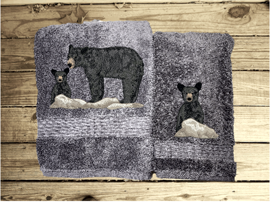 Gray bath and hand towel set , embroidered bear design the perfect design for the outdoor living family. This Luxury theme towel set of 3 towels 1 bath towel 27" x 50", 1 hand towel 16" x 27", 1 wash cloth 13" x 13". You can personalize the towel set with a name and name on the washcloth or just designs. Borgmanns Creations