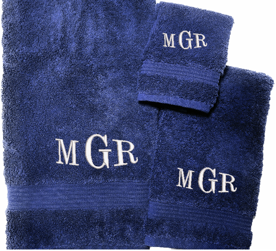 Personalized luxury blue bath towel set has 3 towels 1 bath towel 27 x 50", 1 hand towel 15" x 27", 1 wash cloth 13" x 13". You can personalize the towel set with 3 embroidered  initial for that special wedding gift or housewarming gift. Borgmannns Creations