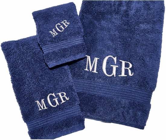 Personalized luxury blue bath towel set has 3 towels 1 bath towel 27 x 50", 1 hand towel 15" x 27", 1 wash cloth 13" x 13". You can personalize the towel set with 3 embroidered initial for that special wedding gift or housewarming gift. Borgmannns Creations
