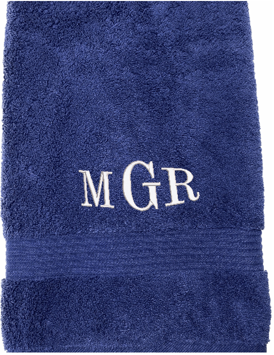 Personalized luxury blue bath towel, has 3 towels 1 bath towel 27 x 50", 1 hand towel 15" x 27", 1 wash cloth 13" x 13". You can personalize the towel set with 3 embroidered initial for that special wedding gift or housewarming gift. Borgmannns Creations