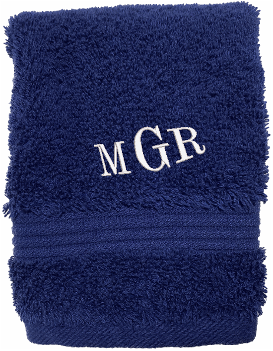 Personalized luxury blue washcloth, set has 3 towels 1 bath towel 27 x 50", 1 hand towel 15" x 27", 1 wash cloth 13" x 13". You can personalize the towel set with 3 embroidered initial for that special wedding gift or housewarming gift. Borgmannns Creations