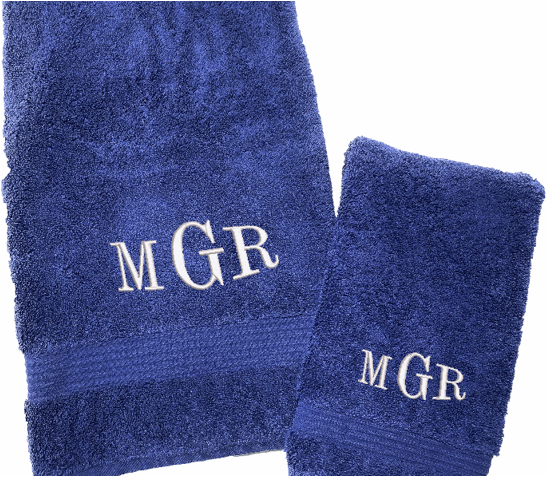 Personalized luxury blue bath towel and hand toowel, set has 3 towels 1 bath towel 27 x 50", 1 hand towel 15" x 27", 1 wash cloth 13" x 13". You can personalize the towel set with 3 embroidered initial for that special wedding gift or housewarming gift. Borgmannns Creations