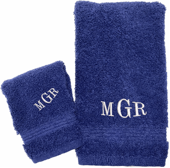 Personalized luxury blue hand towel and washcloth,  set has 3 towels 1 bath towel 27 x 50", 1 hand towel 15" x 27", 1 wash cloth 13" x 13". You can personalize the towel set with 3 embroidered initial for that special wedding gift or housewarming gift. Borgmannns Creations
