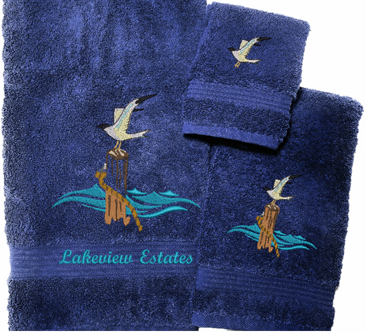 Blue High Quality Luxury Turkish Towels durable soft and absorbent, finished edges with a decorative band. Set has 1 bath towel 27" x 50", 1 hand towel 16' x 27", 1 washcloth 13" x 13". Embroidered with a custom design. You can personalize the towel set with a name and an initial on the washcloth or just the designs. These luxury towels will make a wonderful wedding gift, housewarming gift, or for your own bathroom decor. Borgmanns Creations