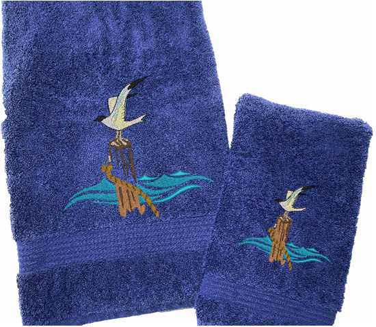 Blue High Quality Luxury Turkish Bath and Hand Towels, durable soft and absorbent, finished edges with a decorative band. Set has 1 bath towel 27" x 50", 1 hand towel 16' x 27", 1 washcloth 13" x 13". Embroidered with a custom design. You can personalize the towel set with a name and an initial on the washcloth or just the designs. These luxury towels will make a wonderful wedding gift, housewarming gift, or for your own bathroom decor. Borgmanns Creations