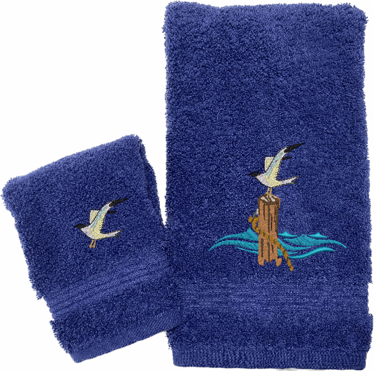 Blue High Quality Luxury Turkish Hand Towel and washcloth, durable soft and absorbent, finished edges with a decorative band. Set has 1 bath towel 27" x 50", 1 hand towel 16' x 27", 1 washcloth 13" x 13". Embroidered with a custom design. You can personalize the towel set with a name and an initial on the washcloth or just the designs. These luxury towels will make a wonderful wedding gift, housewarming gift, or for your own bathroom decor. Borgmanns Creations