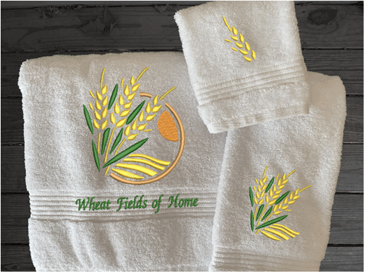 White bath towel set or individual towels, wheat design is the perfect design for the country living family, that likes the outdoor life, for that farmhouse decor. This Luxury farmhouse theme towel set has 3 towels 1 bath towel 17' x 50", 1 hand towel 16" x 27", 1 wash cloth 13" x 13". You can personalize the towel set with a name and an initial on the wash cloth or just the designs. Borgmanns Creations