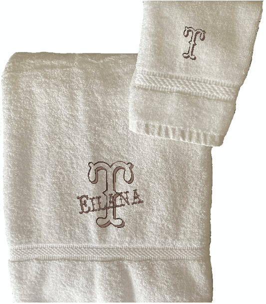 White Bath Towel, Washcloth Set - Monogram Western Font, Initial Name