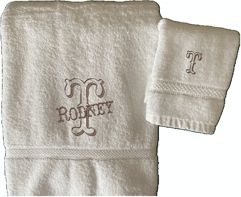 White Bath Towel, Washcloth Set - Monogram Western Font, Initial Name