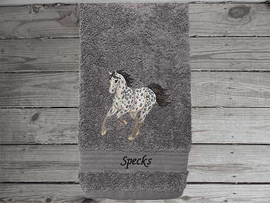 Gray hand towel for a horse lovers gift, this classy embroidered design of an Appaloosa horse on a luxury terry hand towel, 16" x 27", will make your bathroom or kitchen decor, country western decor for the farmhouse family. Personalize this towel as a gift for a friend, birthday gift or house warming gift - Borgmanns Creations 