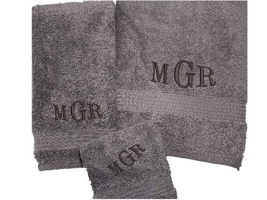 Personalized luxury soft and absorbent gray bath towel set has 3 towels 1 bath towel 30" x 50", 1 hand towel 16" x 27",1 wash cloth 13" x 13". You can personalize the bah towel, a set with 3 embroidered initial for that special wedding gift, anniversary gift or home decor housewarming gift. - Borgmanns Creations 