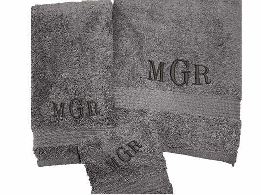 Personalized luxury soft and absorbent gray bath towel set has 3 towels 1 bath towel 30" x 50", 1 hand towel 16" x 27",1 wash cloth 13" x 13". You can personalize the bah towel, a set with 3 embroidered initial for that special wedding gift, anniversary gift or home decor housewarming gift. - Borgmanns Creations 