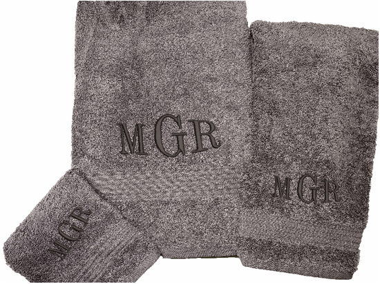 Personalized luxury soft and absorbent gray bath towel set has 3 towels 1 bath towel 30" x 50", 1 hand towel 16" x 27",1 wash cloth 13" x 13". You can personalize the bah towel, a set with 3 embroidered initial for that special wedding gift, anniversary gift or home decor housewarming gift. - Borgmanns Creations
