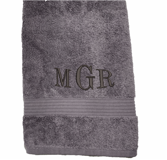 Personalized luxury soft and absorbent gray bath towel, set has 3 towels 1 bath towel 30" x 50", 1 hand towel 16" x 27",1 wash cloth 13" x 13". You can personalize the bah towel, a set with 3 embroidered initial for that special wedding gift, anniversary gift or home decor housewarming gift. - Borgmanns Creations