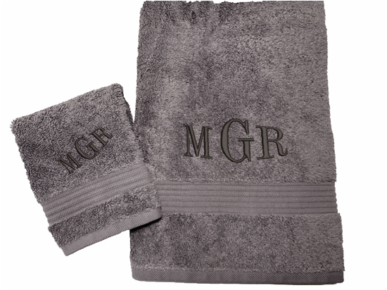 Personalized luxury soft and absorbent gray bath towel and washcloth, set has 3 towels 1 bath towel 30" x 50", 1 hand towel 16" x 27",1 wash cloth 13" x 13". You can personalize the bah towel, a set with 3 embroidered initial for that special wedding gift, anniversary gift or home decor housewarming gift. - Borgmanns Creations