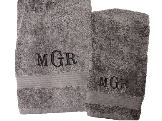 Personalized luxury soft and absorbent gray bath towel and hand towel, set has 3 towels 1 bath towel 30" x 50", 1 hand towel 16" x 27",1 wash cloth 13" x 13". You can personalize the bah towel, a set with 3 embroidered initial for that special wedding gift, anniversary gift or home decor housewarming gift. - Borgmanns Creations