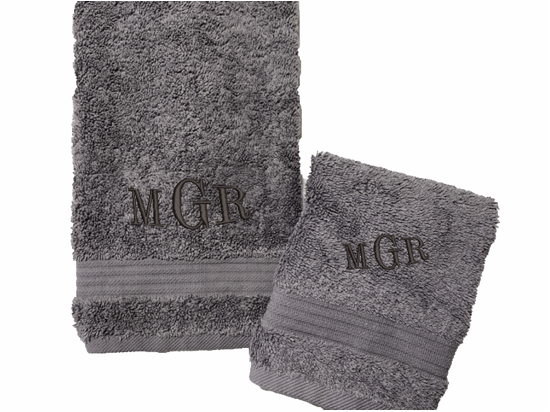 Personalized luxury soft and absorbent gray hand towel and washcloth, set has 3 towels 1 bath towel 30" x 50", 1 hand towel 16" x 27",1 wash cloth 13" x 13". You can personalize the bah towel, a set with 3 embroidered initial for that special wedding gift, anniversary gift or home decor housewarming gift. - Borgmanns Creations