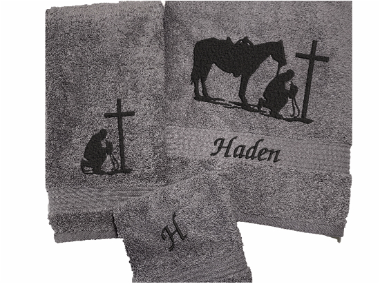 High Quality Luxury Gray Turkish Towels durable soft and absorbent, finished edges with a decorative band. Set has 1 bath towel 27" x 55", 1 hand towel 16" x 27", 1 washcloth 13" x 13". Embroidered with a custom design. You can personalize the towel set with a name and an initial on the washcloth or just the designs. These luxury towels will make a wonderful wedding gift, housewarming gift, or for your own bathroom Borgmanns Creations