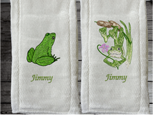 Load image into Gallery viewer, This diaper burp cloth set with 2 frog designs would be the perfect boy baby shower gift for one that likes to be around the water, embroidered decorative diaper. You can personalize this gift with a name. Makes a useful gift for any meal of the day or to keep handy through the whole day. Borgmanns Creations - 2
