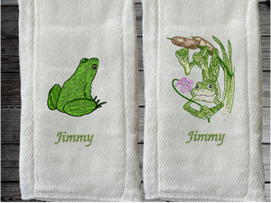 This diaper burp cloth set with 2 frog designs would be the perfect boy baby shower gift for one that likes to be around the water, embroidered decorative diaper. You can personalize this gift with a name. Makes a useful gift for any meal of the day or to keep handy through the whole day. Borgmanns Creations - 2