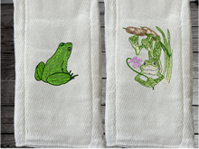 Load image into Gallery viewer, This diaper burp cloth set with 2 frog designs would be the perfect boy baby shower gift for one that likes to be around the water, embroidered decorative diaper. You can personalize this gift with a name. Makes a useful gift for any meal of the day or to keep handy through the whole day. Borgmanns Creations - 1
