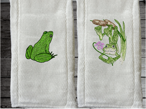This diaper burp cloth set with 2 frog designs would be the perfect boy baby shower gift for one that likes to be around the water, embroidered decorative diaper. You can personalize this gift with a name. Makes a useful gift for any meal of the day or to keep handy through the whole day. Borgmanns Creations - 1