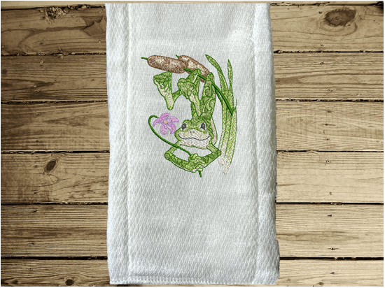 This burp cloth has a design of a frog hanging from a Cattail. This design is one of  2 designs in this diaper burp cloth set these designs would be the perfect boy baby shower gift for one that likes to be around the water, embroidered decorative diaper. You can personalize this gift with a name. Makes a useful gift for any meal of the day or to keep handy through the whole day. Borgmanns Creations - 3
