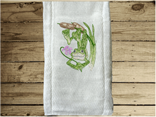 Load image into Gallery viewer, This burp cloth has a design of a frog hanging from a Cattail. This design is one of  2 designs in this diaper burp cloth set these designs would be the perfect boy baby shower gift for one that likes to be around the water, embroidered decorative diaper. You can personalize this gift with a name. Makes a useful gift for any meal of the day or to keep handy through the whole day. Borgmanns Creations - 3
