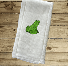 Load image into Gallery viewer, This burp cloth has a design of a frog. This design is one of  2 designs in this diaper burp cloth set these designs would be the perfect boy baby shower gift for one that likes to be around the water, embroidered decorative diaper. You can personalize this gift with a name. Makes a useful gift for any meal of the day or to keep handy through the whole day. Borgmanns Creations - 4

