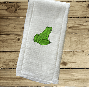 This burp cloth has a design of a frog. This design is one of  2 designs in this diaper burp cloth set these designs would be the perfect boy baby shower gift for one that likes to be around the water, embroidered decorative diaper. You can personalize this gift with a name. Makes a useful gift for any meal of the day or to keep handy through the whole day. Borgmanns Creations - 4