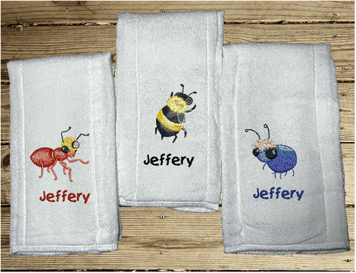 This diaper burp cloth of 3 embroidered bug designs would be the perfect girl of boy baby shower gift for one on the farm, embroidered decorative diaper. Makes a useful gift for any meal of the day or to keep handy through the whole day. New born burp cloth a gift for mom to be with personalized name. Borgmanns Creations - 1