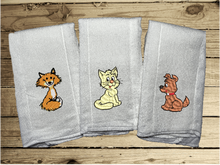 Load image into Gallery viewer, This try fold diaper burp cloth set of 3 embroidered animal designs would be the perfect girl of boy baby shower gift, embroidered decorative diaper of cat, dog and fox,. Makes a useful gift for any meal of the day or to keep handy through the whole day. New born burp cloth a gift for mom to be, can be personalized with a name. Borgmanns Creations 2
