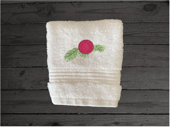 Luxury washcloth is embroidered with a Christmas ornament design to match the other towels on this set. This terry washcloth is 13" x 13". Borgmanns Creations