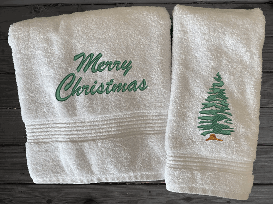White High Quality Luxury Turkish bath towel and hand towel, durable soft and absorbent, finished edges with a decorative band. Set has 1 bath towel 27" x 50", 1 hand towel 16" x 27", 1 washcloth. 13" x 13 embroidered with a custom design , bathtowel has Merry Christmas, Hand towel has a Christmas tree, These luxury towels will make a wonderful wedding gift, housewarming gift, or for your own bathroom decor. Borgmanns Creations