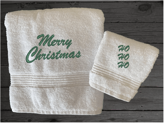 White High Quality Luxury Turkish bath towel and washcloth, durable soft and absorbent, finished edges with a decorative band. Set has 1 bath towel 27" x 50", 1 hand towel 16" x 27", 1 washcloth. 13" x 13 embroidered with a custom design , bath towel has Merry Christmas, washcloth has HO HO HO, These luxury towels will make a wonderful wedding gift, housewarming gift, or for your own bathroom decor. Borgmanns Creations