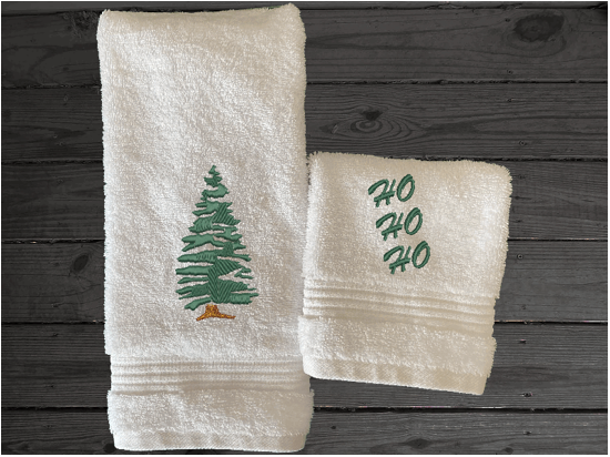 White High Quality Luxury Turkish handtowel and washcloth, durable soft and absorbent, finished edges with a decorative band. Set has 1 bath towel 27" x 50", 1 hand towel 16" x 27", 1 washcloth. 13" x 13 embroidered with a custom design , hand towel has Merry Christmas, washcloth has HO HO HO, These luxury towels will make a wonderful wedding gift, housewarming gift, or for your own bathroom decor. Borgmanns Creations