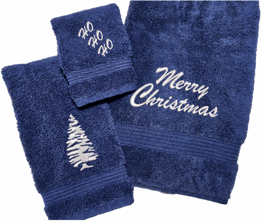 Blue High Quality Luxury Turkish Towels durable soft and absorbent, finished edges with a decorative band. Set has 1 bath towel 27" x 50", 1 hand towel 16" x 27", 1 washcloth. 13" x 13 embroidered with a custom design. These luxury towels will make a wonderful wedding gift, housewarming gift, or for your own bathroom decor. Borgmanns Creations