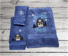 Load image into Gallery viewer, Blue bath towel set, or individual towels, embroidered design of a barn at Christmas time is perfect for the country living family, for that farmhouse decor. This Luxury soft and absorbent Christmas theme towel set of 3 towels 1 bath towel 27&quot; x50&quot;, 1 hand towel 16&quot; x 27&quot;, 1 wash cloth 13&quot; x 13&quot;.  Borgmanns Creations 1
