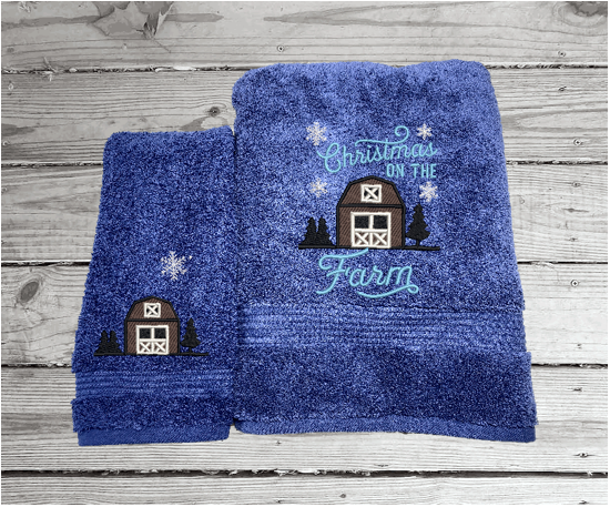 Christmas Barn - Embroidered Blue Bath Towels