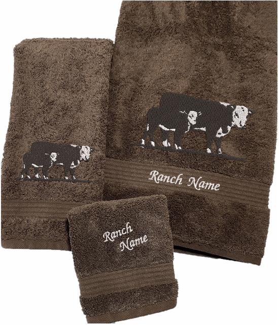 Brown bath towel set Hereford Cow design - ranch name embroidered - western living family- farmhouse decor - luxury western theme towel set of 3 towels 1 bath towel 27: x 50", 1 hand towel 16" x 27", 1 wash cloth  13" x 13"- personalize towel set with name and an initial on the wash cloth or leave it plain - Borgmanns Creations