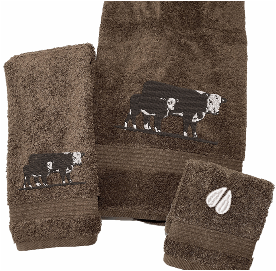 Brown bath towel set Hereford Cow design - ranch name embroidered - western living family- farmhouse decor - luxury western theme towel set of 3 towels 1 bath towel 27: x 50", 1 hand towel 16" x 27", 1 wash cloth 13" x 13"- personalize towel set with name and an initial on the wash cloth or leave it plain - Borgmanns Creations